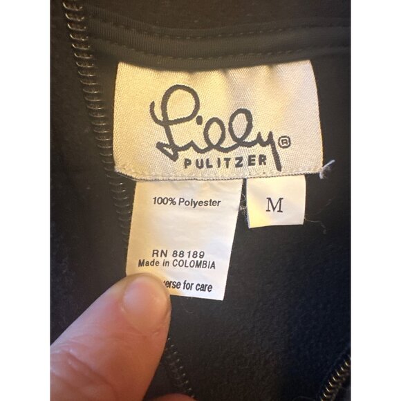Lilly Pulitzer Black Sleeveless Zip-Up Fleece Vest Palm & Ladybug Embroidery Med - Picture 2 of 5